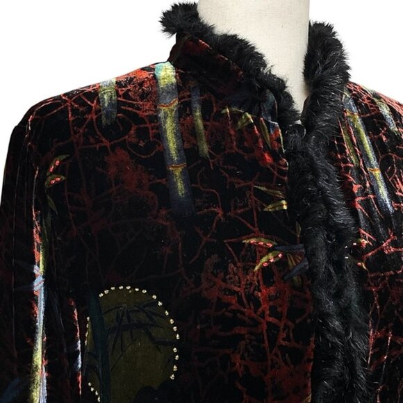 Chico's Vintage 90s Faux Fur Trim Beaded Geisha Silk Velvet Kimono Duster Size M - Picture 8 of 15